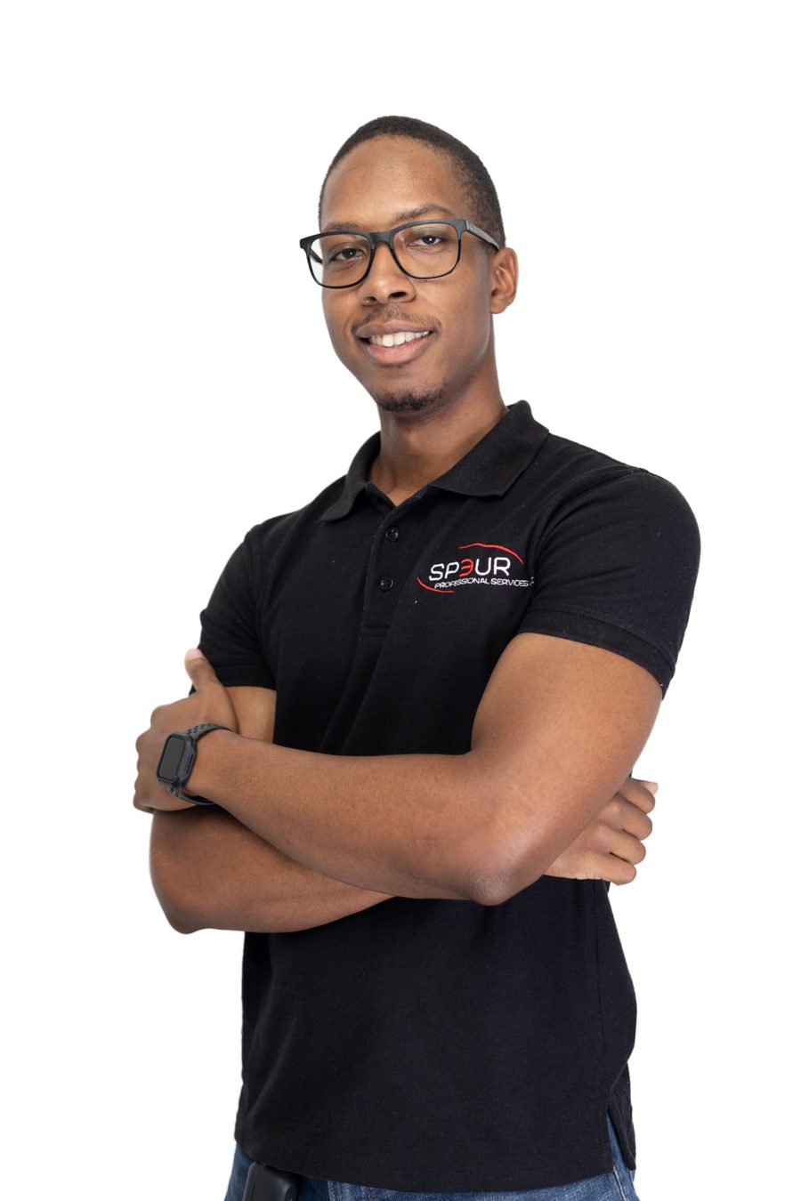 A man in a black Speur polo shirt with his arms crossed