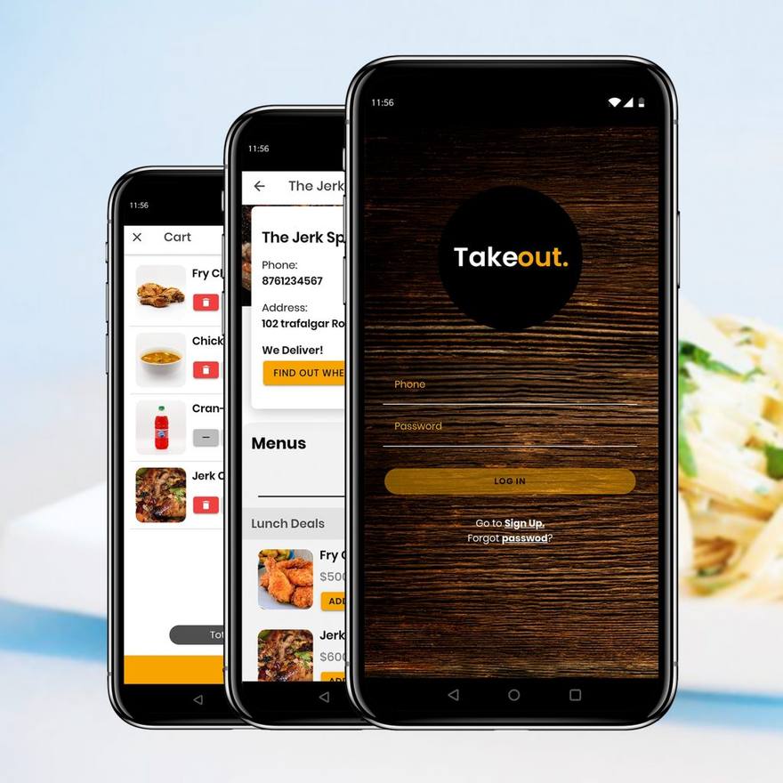 Three phones showing a food ordering app
